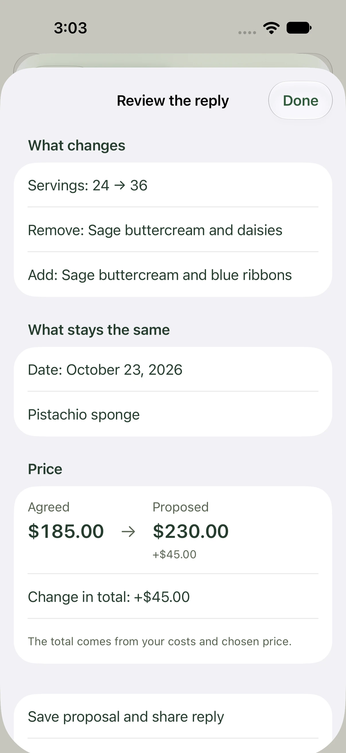 Wasabi amendment showing 24 to 36 servings, the retained details, and the maker-reviewed change from $185 to $230