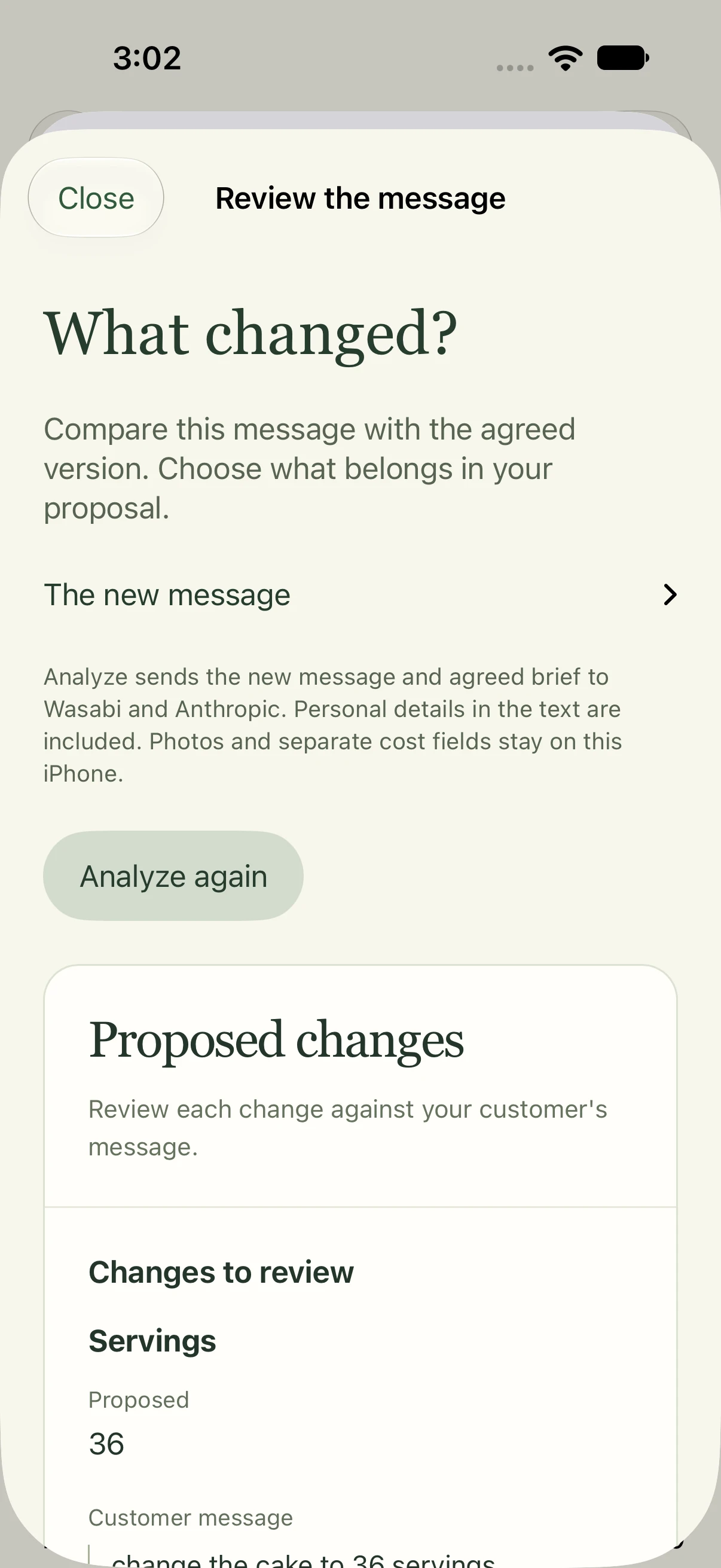 Live AI change review in Wasabi showing proposed 36 servings alongside the source customer message
