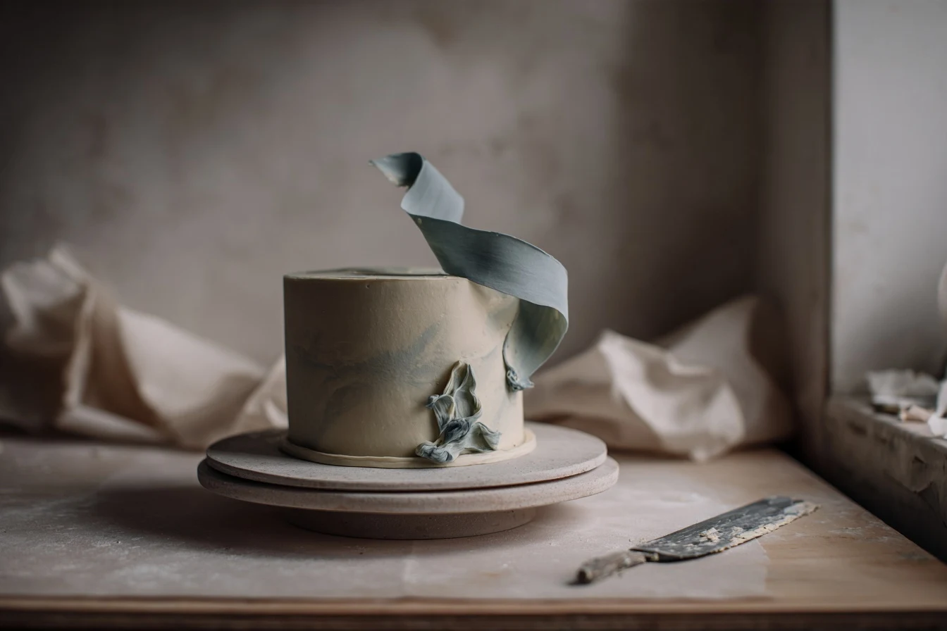 An illustrative pale sage cake with sculptural blue sugar ribbon on a quiet studio workbench